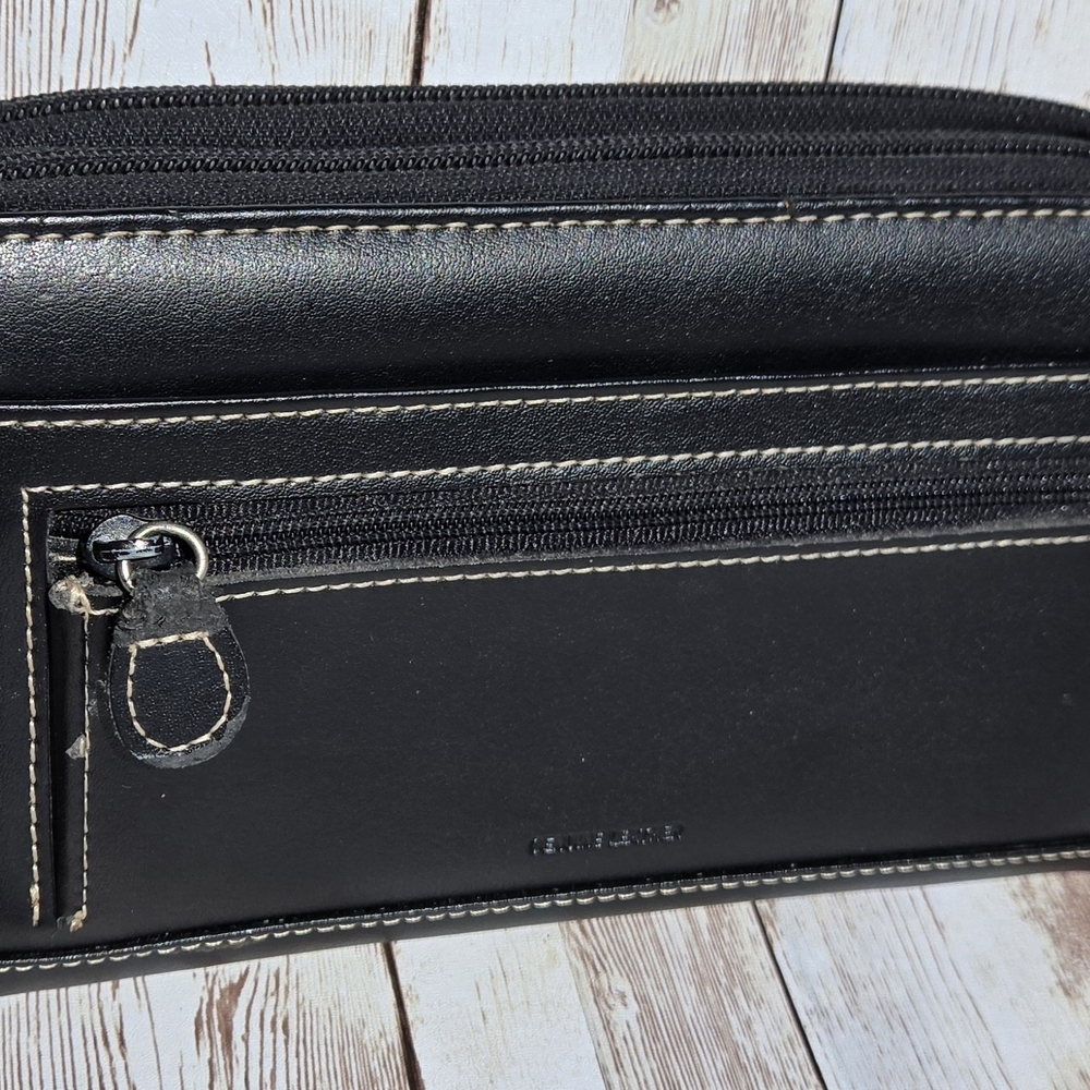 Genuine Leather Black Double Zip Wallet Organizer Clutch Multi Compartment